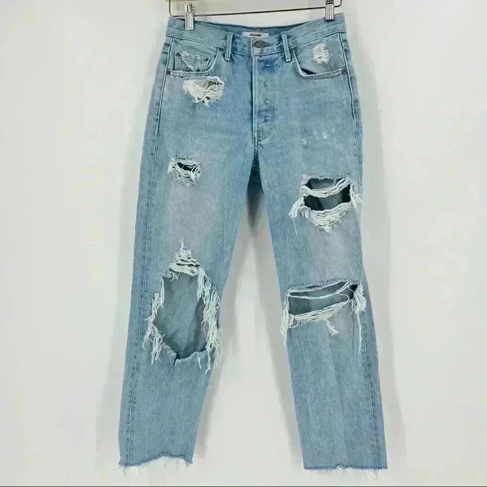 Grlfrnd Helena Straight Jeans Women's‎ 25 Blue High Rise Button Fly Distressed - Picture 5 of 14